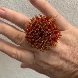 Hand beaded red and gold ring